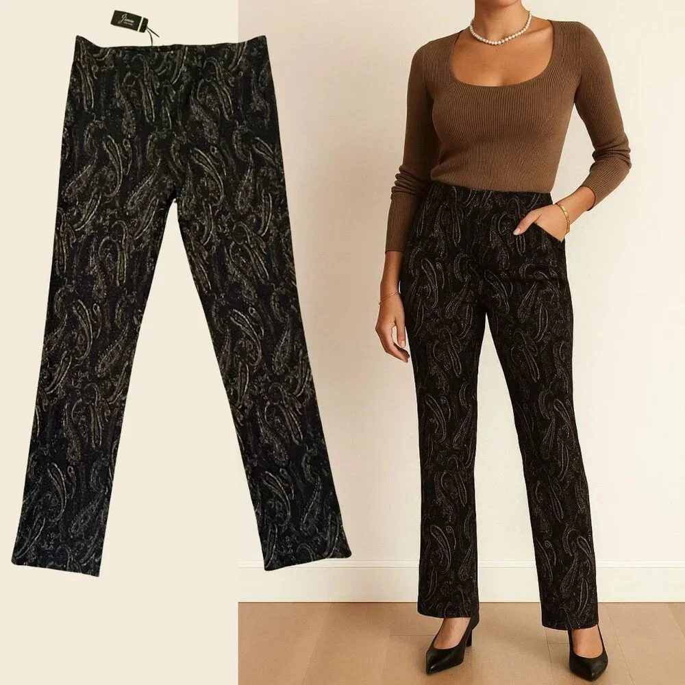 JEnvie New York Black Paisley Jacquard Pants Size 10 Made in USA Quiet Luxury - Picture 2 of 11